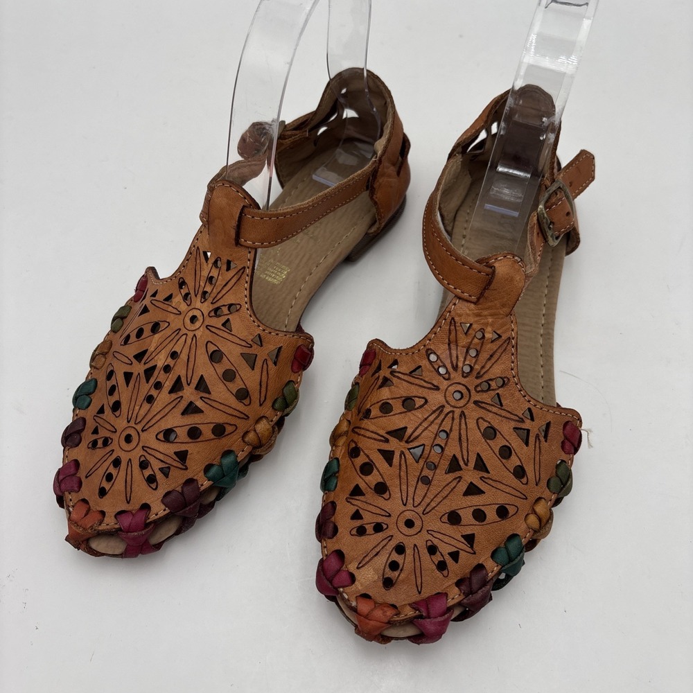 Women's Brown Multicolor Leather Embroidered Mandala Flats, Buckle Closure,‎ 5/6